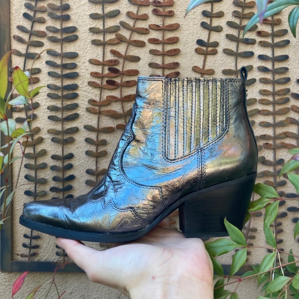 Sam Edelman | Winona Western Metallic Pointed Toe Block Heel Leather Booties